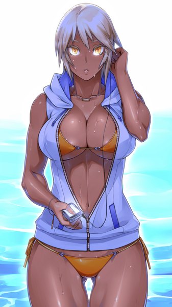 Anime picture 1000x1778 with original real xxiii's dark skinned girl 23 (real xxiii) tall image short hair breasts light erotic blonde hair large breasts yellow eyes open clothes sweat dark skin girl navel swimsuit bikini headphones digital media player