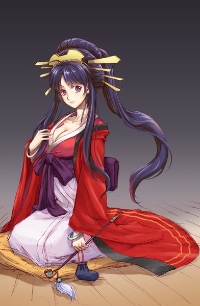 Anime picture 1058x1619 with original pixiv fantasia pixiv fantasia sword regalia shikabane usagi (xion) long hair tall image looking at viewer fringe simple background purple eyes purple hair traditional clothes japanese clothes girl clothes
