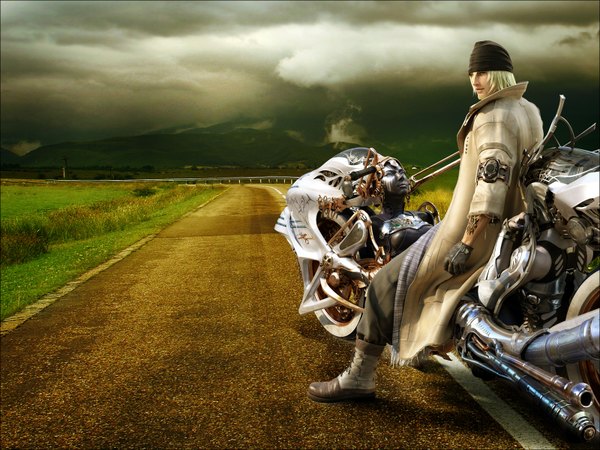 Anime picture 1600x1200 with final fantasy final fantasy xiii square enix snow villiers shiva (final fantasy) realistic bandana road motorcycle