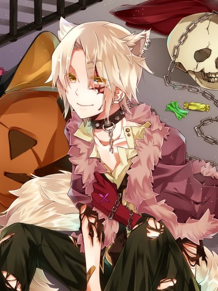 Anime picture 600x800 with d.gray-man allen walker maki (lovyu) single tall image looking at viewer fringe short hair blonde hair smile sitting animal ears yellow eyes bent knee (knees) white hair tail animal tail short sleeves tattoo open shirt