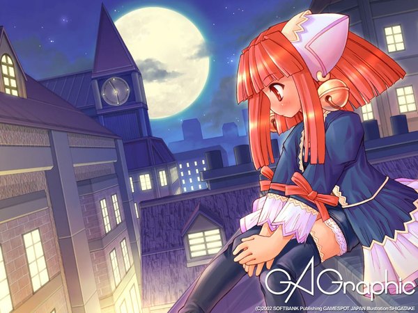 Anime picture 1024x768 with gagraphic shigatake single blush fringe short hair sitting signed looking away outdoors red hair blunt bangs night night sky copyright name girl thighhighs black thighhighs building (buildings) moon