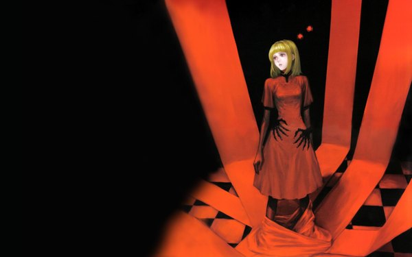 Anime picture 3628x2268 with drakengard drakengard 2 manah fujisaka kimihiko single tall image highres short hair blonde hair red eyes wide image standing looking away parted lips dark background checkered floor third-party edit floor silhouette hands on hips