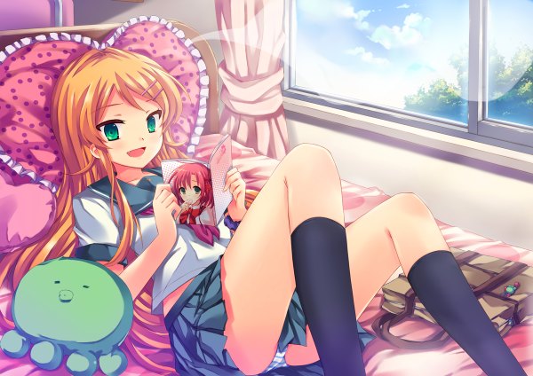 Anime picture 1200x848 with ore no imouto ga konna ni kawaii wake ga nai kousaka kirino peach88 long hair light erotic green eyes orange hair pantyshot pantyshot sitting girl hair ornament serafuku heart pillow bed bobby pin