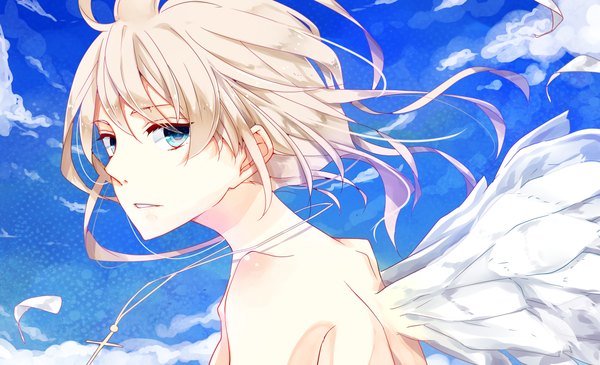 Anime picture 2300x1400 with original inori single looking at viewer highres short hair blue eyes blonde hair wide image bare shoulders sky cloud (clouds) wind angel wings girl wings feather (feathers) cross cross necklace