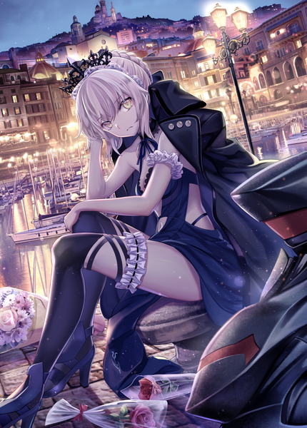 Anime picture 1000x1396 with fate (series) fate/grand order artoria pendragon (all) saber alter artoria pendragon (alter swimsuit rider) (fate) torino aqua single tall image looking at viewer short hair blonde hair sitting yellow eyes clothes on shoulders city lights hand on knee girl thighhighs dress flower (flowers)