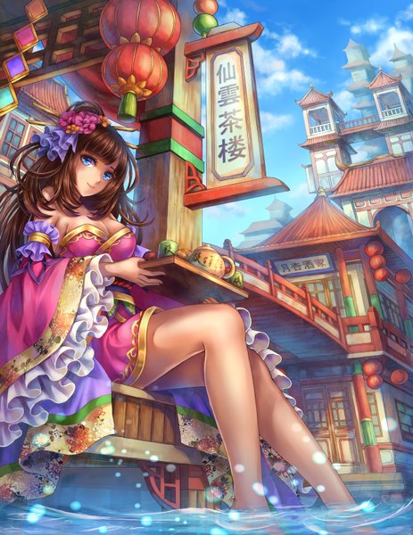 Anime picture 2700x3500 with original daphne zhang single long hair tall image looking at viewer fringe highres breasts blue eyes light erotic smile brown hair sitting bare shoulders holding payot sky cloud (clouds) traditional clothes