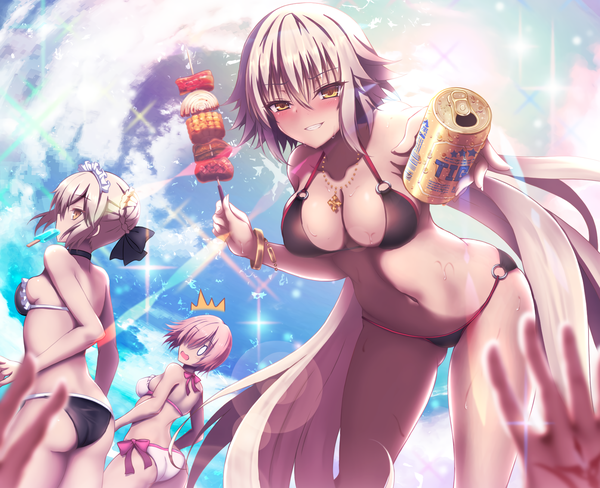 Anime picture 1606x1307 with fate (series) fate/grand order artoria pendragon (all) jeanne d'arc (fate) (all) mash kyrielight fujimaru ritsuka (male) mash kyrielight (swimsuit of perpetual summer) akina t looking at viewer blush fringe short hair breasts open mouth light erotic blonde hair smile multiple girls holding brown eyes