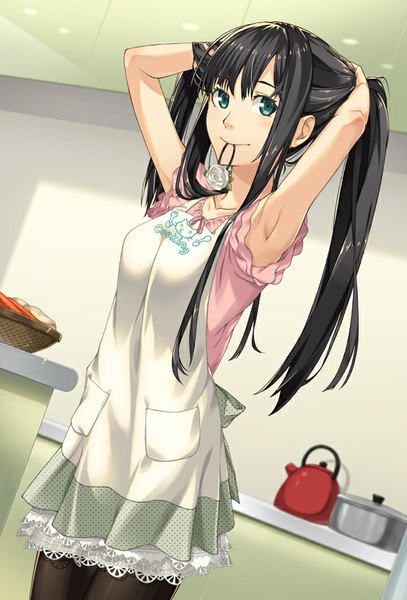 Anime picture 564x831 with original kimura (ykimu) single long hair tall image looking at viewer blush fringe breasts black hair smile standing holding green eyes indoors armpit (armpits) mouth hold adjusting hair happy tying hair