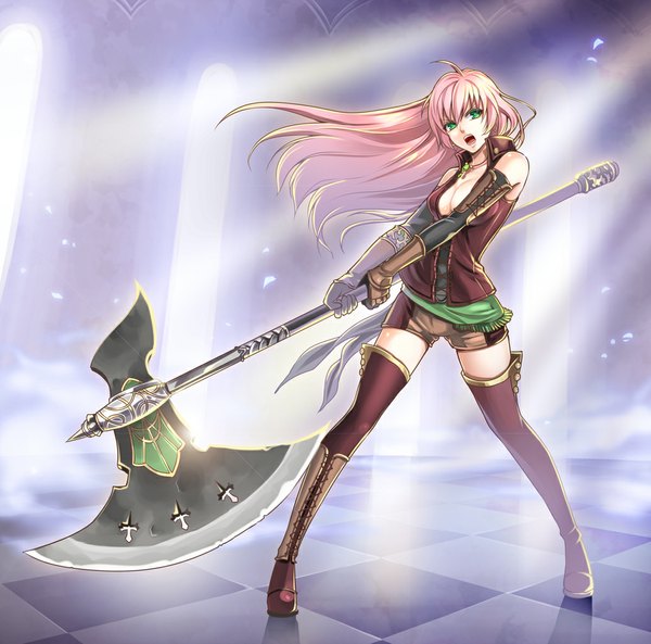 Anime picture 1034x1023 with original kuzuboshi hikaru (artist) single long hair fringe breasts open mouth light erotic standing holding green eyes looking away pink hair cleavage ahoge sleeveless checkered floor sunbeam fighting stance angry