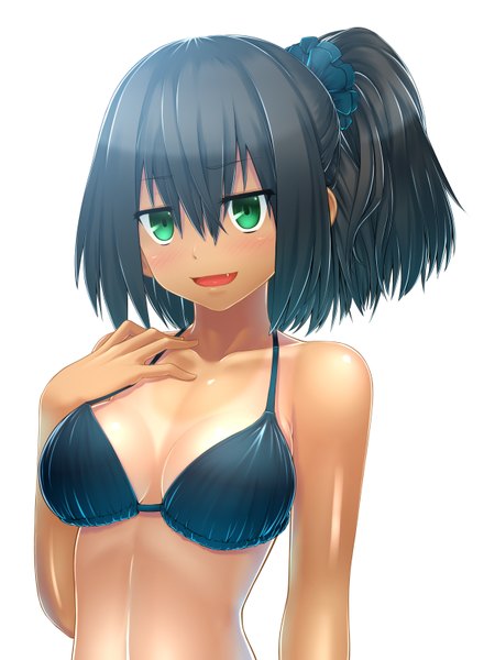 Anime picture 2400x3200 with original vixen single tall image fringe highres short hair light erotic black hair simple background hair between eyes white background green eyes absurdres upper body teeth fang (fangs) one side up girl swimsuit