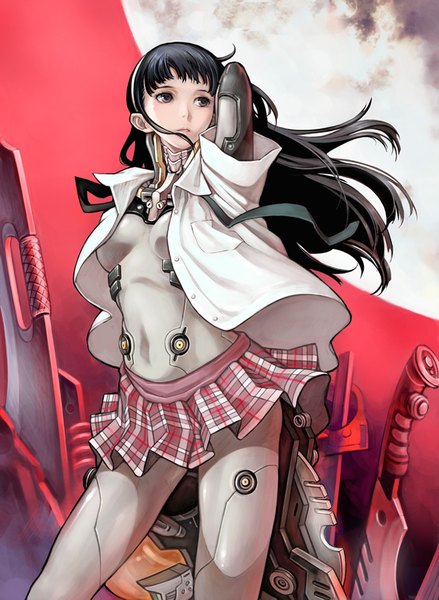 Anime picture 1000x1366 with school shock bai hua single long hair tall image black hair brown eyes mechanical girl skirt weapon shirt moon android