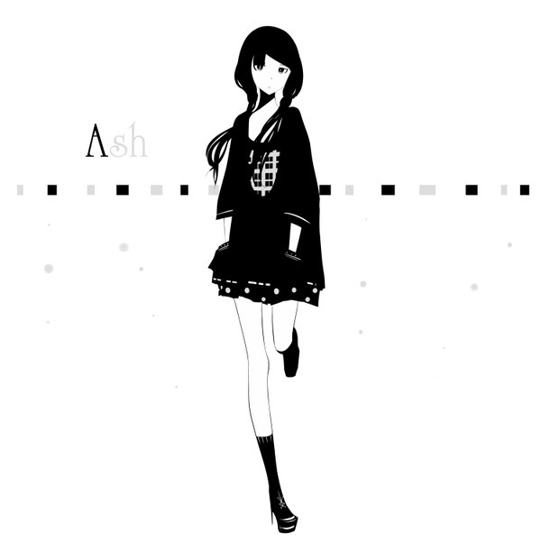 Anime picture 1500x1500 with original haru@ single long hair looking at viewer standing white background twintails monochrome polka dot hands in pockets girl socks shoes black socks