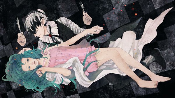 Anime picture 1000x563 with original nico nico singer clear (nico nico singer) sumishuu smile wide image bare shoulders eyes closed nail polish multicolored hair barefoot aqua eyes pointy ears aqua hair two-tone hair holding hands checkered background girl boy hat