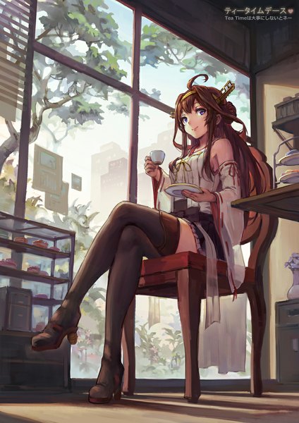 Anime picture 742x1050 with kantai collection kongou battleship haoni single long hair tall image looking at viewer brown hair sitting purple eyes ahoge indoors traditional clothes japanese clothes hair bun (hair buns) high heels crossed legs watermark nontraditional miko girl