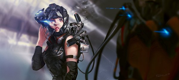 Anime picture 1800x808 with benlo single highres blue eyes wide image bare shoulders looking up girl detached sleeves helmet camcorder
