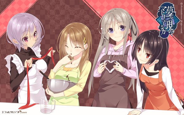 Anime picture 1920x1200 with yume ka utsutsu ka matryoshka mukunoki shiori yagiura nagi houri miyako wadamori isuka senmu long hair blush highres short hair black hair red eyes brown hair wide image purple eyes multiple girls silver hair purple hair eyes closed girl