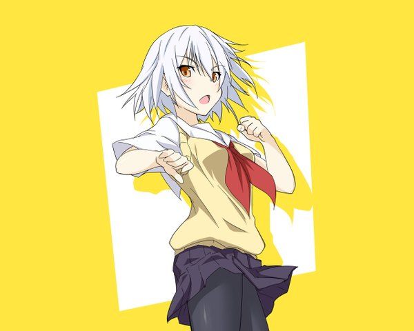 Anime picture 1280x1024 with ben-tou david production yarizui sen single blush short hair open mouth blonde hair orange eyes yellow background girl skirt uniform school uniform vest