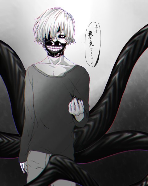Anime picture 960x1200 with tokyo ghoul studio pierrot kaneki ken kuwa ayase single tall image looking at viewer fringe short hair simple background nail polish hair over one eye teeth gradient background text monochrome black sclera boy mask speech bubble