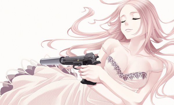 Anime picture 1500x906 with original hamada youho single long hair simple background wide image white background bare shoulders holding pink hair cleavage eyes closed off shoulder girl dress weapon gun pistol