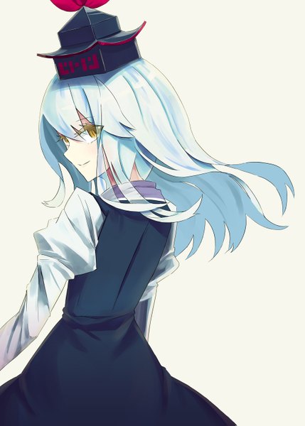 Anime picture 1000x1399 with touhou kamishirasawa keine tai0201 single long hair tall image looking at viewer simple background smile white background yellow eyes blue hair looking back from behind alternate eye color girl dress hat