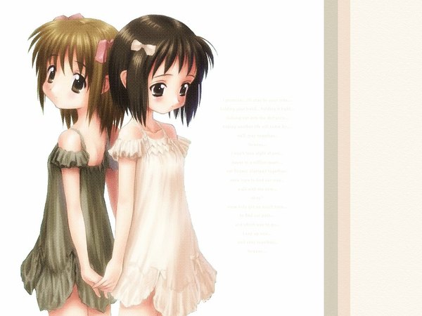 Anime picture 1024x768 with original goto p short hair black hair simple background brown hair white background multiple girls brown eyes signed loli text holding hands english back to back girl dress bow 2 girls hair bow