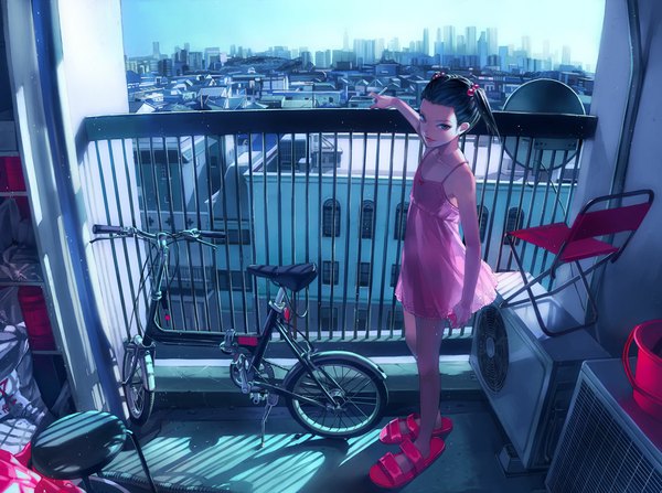 Anime picture 1150x858 with original zain single blue eyes black hair twintails nail polish city girl dress ground vehicle bicycle balcony