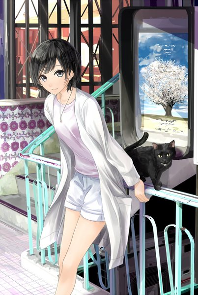 Anime picture 559x831 with original mikipuruun no naegi single tall image looking at viewer short hair blue eyes black hair smile standing yellow eyes sky cloud (clouds) outdoors official art leaning leaning forward girl animal shorts