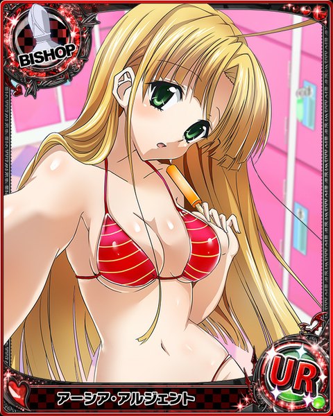 Anime picture 640x800 with highschool dxd asia argento single long hair tall image looking at viewer blush breasts open mouth light erotic blonde hair green eyes card (medium) girl navel swimsuit bikini food sweets ice cream