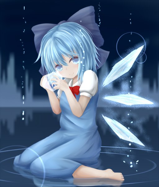 Anime picture 1100x1289 with touhou cirno kisa (k isa) single tall image looking at viewer blush short hair blue eyes smile sitting blue hair barefoot loli wariza flat chest ripples girl dress hair ornament