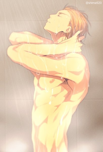 Anime picture 600x880 with kuroko no basket production i.g kise ryouta mashima shima single tall image short hair light erotic blonde hair standing signed eyes closed profile nude wet piercing ear piercing arm around neck boy bathroom