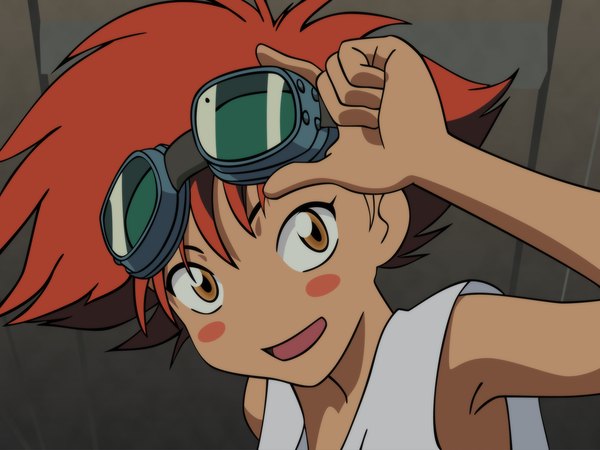 Anime picture 1600x1200 with cowboy bebop sunrise (studio) edward wong hau pepelu tivrusky iv single looking at viewer blush short hair open mouth brown eyes red hair goggles on head blush stickers girl goggles