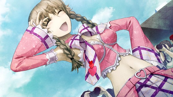 Anime picture 1280x720 with steins;gate white fox amane suzuha huke long hair open mouth brown hair wide image game cg sky cloud (clouds) braid (braids) eyes closed girl belt camera