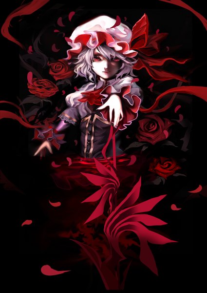 Anime picture 1000x1412 with touhou remilia scarlet karlwolf single tall image looking at viewer short hair red eyes purple hair black background girl dress petals rose (roses) bonnet