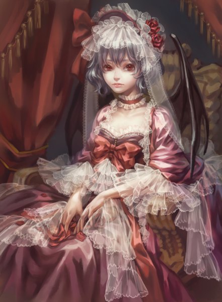 Anime picture 1024x1391 with touhou remilia scarlet windyakuma single tall image looking at viewer short hair red eyes silver hair girl dress wings frills bonnet