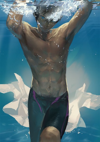 Anime picture 909x1286 with free! kyoto animation nanase haruka (free!) hjl single tall image looking at viewer short hair blue eyes light erotic black hair underwater muscle boy shirt water swimming trunks chest