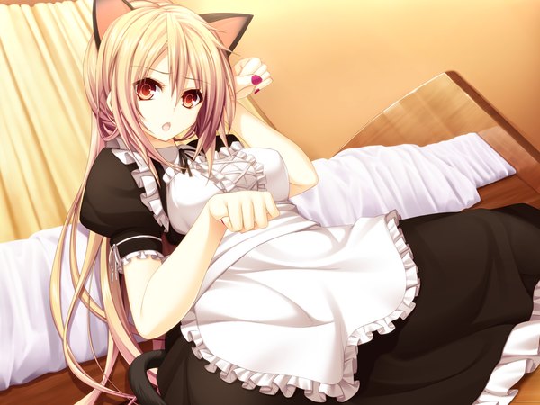 Anime picture 1024x768 with yurikago yori tenshi made tae haruka natsuki single long hair open mouth blonde hair red eyes sitting animal ears game cg cat ears maid cat tail girl bed