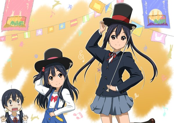 Anime picture 1485x1050 with k-on! tamako market kyoto animation nakano azusa kitashirakawa tamako kitashirakawa anko oku no shi long hair open mouth black hair smile twintails multiple girls brown eyes loli one side up girl skirt uniform school uniform