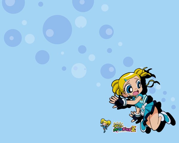 Anime picture 1280x1024 with powerpuff girls z toei animation rolling bubbles goutokuji miyako single open mouth blue eyes blonde hair full body copyright name drill hair blue background girl gloves hairclip fingerless gloves