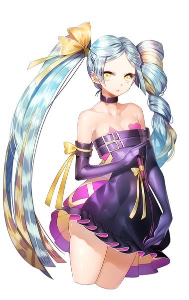 Anime picture 750x1187 with original aile (crossroads) single long hair tall image looking at viewer light erotic simple background blonde hair standing white background twintails yellow eyes blue hair silver hair multicolored hair tattoo drill hair gradient hair girl