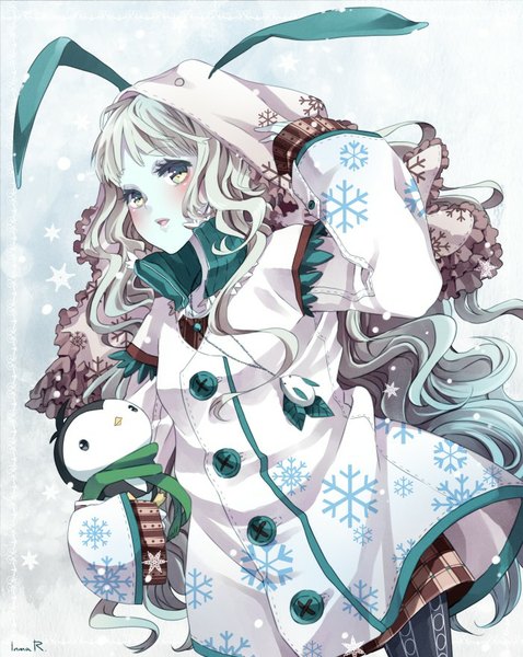 Anime picture 700x878 with original inma r. single long hair tall image looking at viewer blush open mouth standing holding animal ears yellow eyes white hair long sleeves wide sleeves bunny ears wavy hair open collar white skin snowflake print