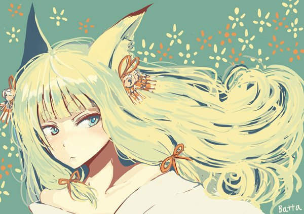 Anime picture 1169x826 with original batta (kanzume quality) single long hair blush fringe twintails bare shoulders green eyes signed animal ears looking away traditional clothes japanese clothes wind fox ears portrait wavy hair strap slip green background
