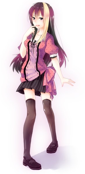 Anime picture 1000x2050 with original hijiri-ssh single long hair tall image black hair simple background white background multicolored hair black eyes streaked hair finger to mouth girl thighhighs dress black thighhighs