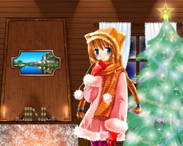 Anime picture 1280x1024 with original tagme (artist) single blue eyes twintails orange hair christmas girl gloves hat winter clothes christmas tree