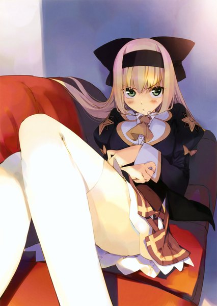 Anime picture 2612x3678 with stellar theater kanou seia ueda ryou single long hair tall image looking at viewer blush highres light erotic blonde hair green eyes lying zettai ryouiki girl thighhighs hair ornament white thighhighs serafuku couch