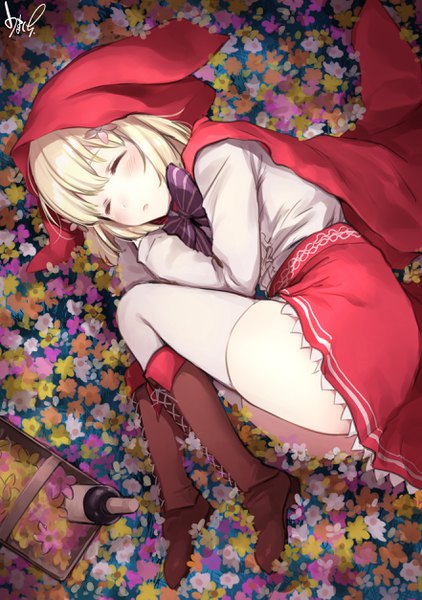 Anime picture 1764x2508 with little red riding hood umakuchi shouyu single tall image blush highres short hair light erotic blonde hair signed lying parted lips hair flower from above on side sleeping lacing embryo's pose girl thighhighs