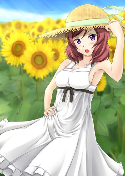 Anime picture 800x1130 with love live! school idol project sunrise (studio) love live! nishikino maki fuuma nagi single tall image looking at viewer blush short hair open mouth brown hair purple eyes girl dress flower (flowers) hat sundress sunflower