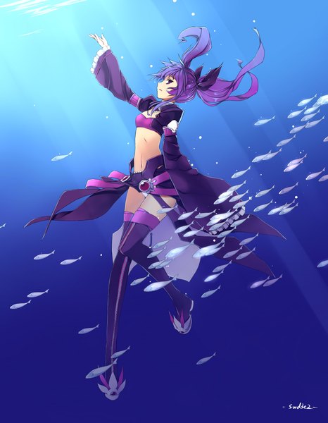 Anime picture 1653x2125 with elsword aisha landar swd3e2 single long hair tall image looking at viewer open mouth twintails purple eyes purple hair long sleeves sunlight alternate costume underwater girl animal water boots thigh boots