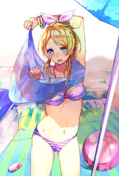 Anime picture 1000x1480 with love live! school idol project sunrise (studio) love live! ayase eli sonko single long hair tall image looking at viewer blush breasts open mouth blue eyes light erotic blonde hair large breasts cleavage ponytail nail polish sunlight