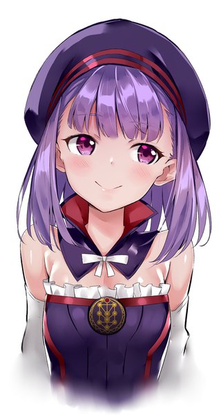 Anime picture 1000x1876 with fate (series) fate/grand order helena blavatsky (fate) nishimi shin single tall image blush fringe short hair simple background smile white background purple eyes bare shoulders looking away purple hair upper body blunt bangs girl detached sleeves