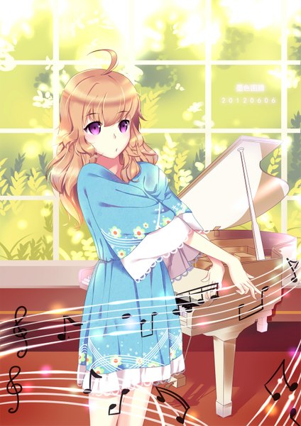 Anime picture 1200x1697 with original totem single long hair tall image looking at viewer blonde hair purple eyes ahoge girl dress musical note piano